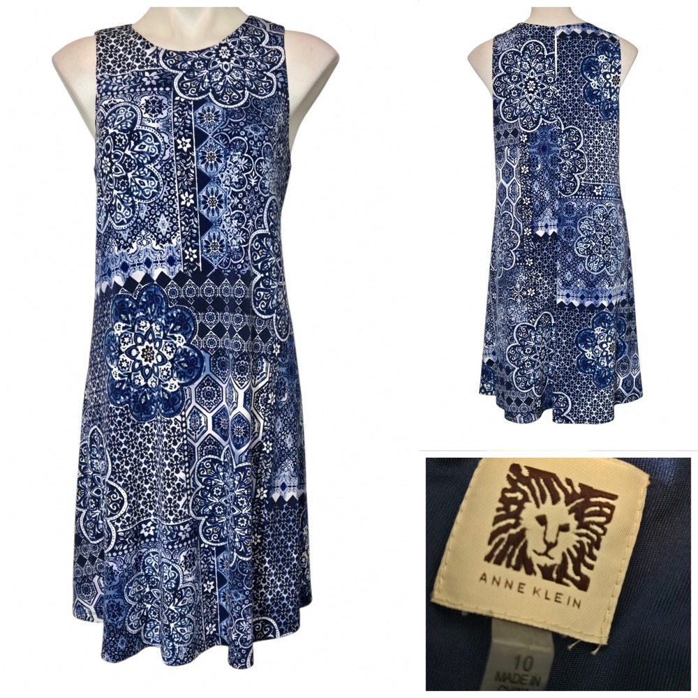 Anne Klein Blue White Medallion Tile Print Sleeveless Shift Dress Size 10